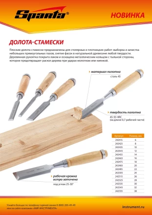 Долото-стамеска 24 мм, деревянная рукоятка Sparta 242505 купить в Уфе