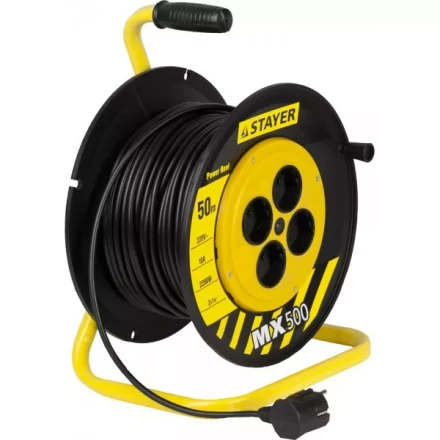 Удлинитель на катушке "MX500", 50 м, 4 гнезда, ПВС 2x1 кв мм, 2200 Вт, STAYER 55074-50 купить в Уфе