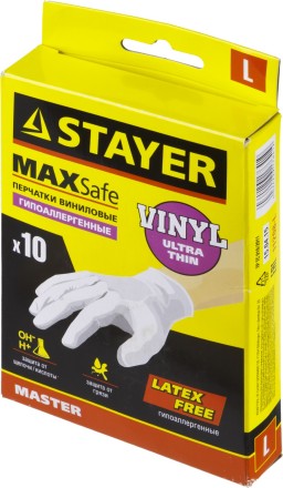 Перчатки STAYER &quot;MASTER&quot; виниловые экстратонкие, L, 10шт 11208-L купить в Уфе