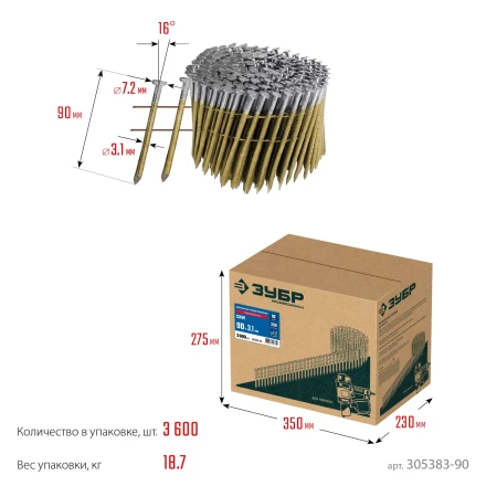 ЗУБР CNW 90 х 3.1 мм, барабанные гвозди рифленые оцинкованные, 3600 шт (305383-90) купить в Уфе
