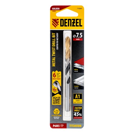 Сверло спиральное по металлу Denzel 7,5 x 109мм, Р6М5, Golden Tip, многогранная заточка, 718281 купить в Уфе