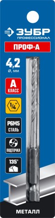 ЗУБР ПРОФ-А, 4.2 х 93 мм, сталь Р6М5, класс А, шестигранный хвостовик, сверло по металлу, Профессионал (29623-4.2) купить в Уфе