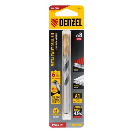 Сверло спиральное по металлу Denzel 8 x 117мм, Р6М5, Golden Tip, многогранная заточка, 718282 купить в Уфе