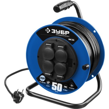 Удлинитель на катушке &quot;ПВС 315&quot;, 50 м, 3500 Вт, 4 гнезда, IP44, ПВС 3х1,5 кв мм, ЗУБР 55081-50 купить в Уфе