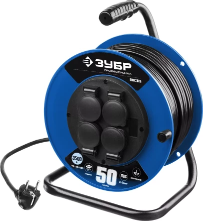 Удлинитель на катушке &quot;ПВС 315&quot;, 50 м, 3500 Вт, 4 гнезда, IP44, ПВС 3х1,5 кв мм, ЗУБР 55081-50 купить в Уфе