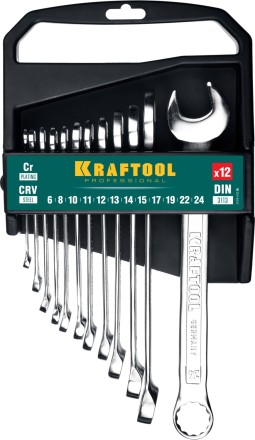 Наборы ключей комбинированных KRAFTOOL, Cr-V, DIN 3110, на пластиковой подвеске 27079-H12C купить в Уфе