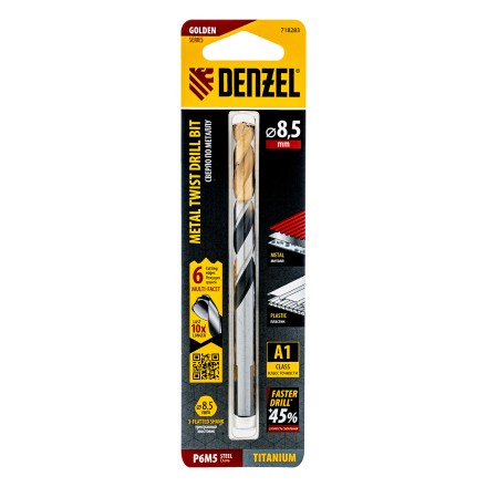 Сверло спиральное по металлу Denzel, 8,5 x 117мм, Р6М5, Golden Tip, многогранная заточка, 718283 купить в Уфе