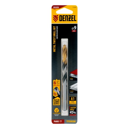 Сверло спиральное по металлу Denzel 9 x 125мм, Р6М5, Golden Tip, многогранная заточка, 718284 купить в Уфе