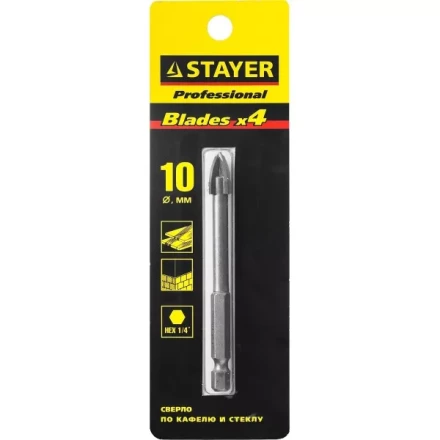 Сверло по кафелю, керамике, стеклу, с четырьмя режущими лезвиями, шестигранный хвостовик, 10 мм, STAYER &quot;PROFESSIONAL&quot; 2985-10 2985-10_z01 купить в Уфе