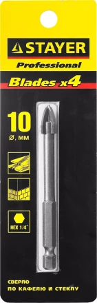 Сверло по кафелю, керамике, стеклу, с четырьмя режущими лезвиями, шестигранный хвостовик, 10 мм, STAYER &quot;PROFESSIONAL&quot; 2985-10 2985-10_z01 купить в Уфе