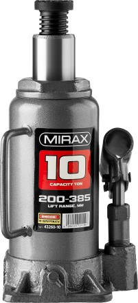 Домкрат гидравлический бутылочный, 10т, 200-385 мм, MIRAX 43260-10 43260-10 купить в Уфе
