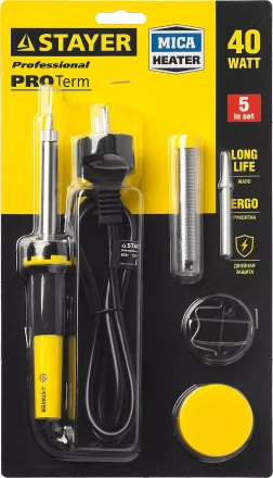 Набор для паяльных работ STAYER &quot;PROFI&quot; PROTerm, 55312-40-H5, паяльник 55300 + подставка + припой + жало сменное + канифоль, 40 Вт 55312-40-H5 купить в Уфе
