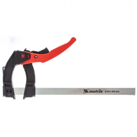 Струбцина реечная быстрозажимная пластиковый корпус рычажно-храповой механизм 250 х 90 х 340 мм штанга 5 х 20 мм Matrix 20737 купить в Уфе