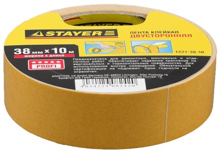 Двухсторонняя клейкая лента на полипропиленовой основе, STAYER 1221-38-10, 38мм х 10м 1221-38-10 купить в Уфе