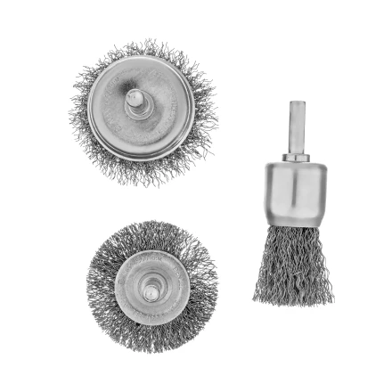 Набор щеток для дрели, 1 Плоская 50мм, 2 Чашки 25-50мм, шпилька, нерж. вит. проволока Denzel 74491 купить в Уфе
