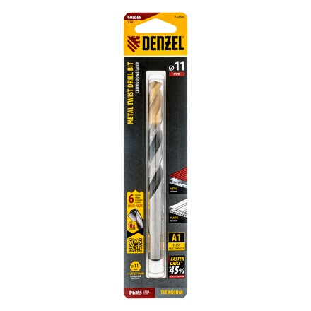 Сверло спиральное по металлу Denzel, 11 x 142мм, Р6М5, Golden Tip, многогранная заточка, 718286 купить в Уфе