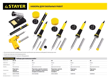 Набор для паяльных работ STAYER &quot;PROFI&quot; PROTerm, 55313-60-H6, паяльник 55300 + подставка + припой + жало сменное + шприц + насадка на жало, 60 Вт 55313-60-H6 купить в Уфе