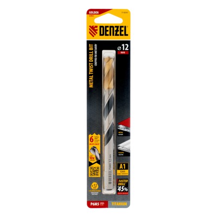 Сверло спиральное по металлу Denzel 12 x 151мм, Р6М5, Golden Tip, многогранная заточка, 718287 купить в Уфе