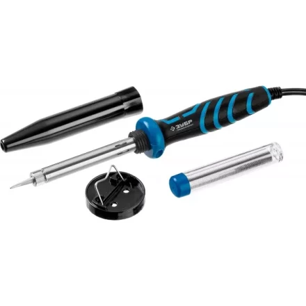 Паяльник ЗУБР &quot;ПРОФЕССИОНАЛ&quot; с двухкомпонентной рукояткой и защитным колпачком в наборе с припоем и подставкой, 40Вт, конус 55402-40_z01 купить в Уфе