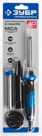 Паяльник ЗУБР &quot;ПРОФЕССИОНАЛ&quot; с двухкомпонентной рукояткой и защитным колпачком в наборе с припоем и подставкой, 40Вт, конус 55402-40_z01 купить в Уфе