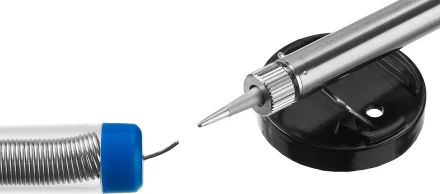 Паяльник ЗУБР &quot;ПРОФЕССИОНАЛ&quot; с двухкомпонентной рукояткой и защитным колпачком в наборе с припоем и подставкой, 40Вт, конус 55402-40_z01 купить в Уфе