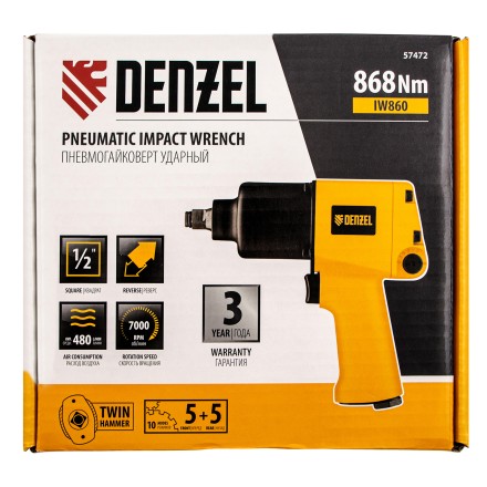 Ударный пневмогайковерт IW860, 1/2&quot;, 7000 об/мин, 868 Нм Denzel 57472 купить в Уфе