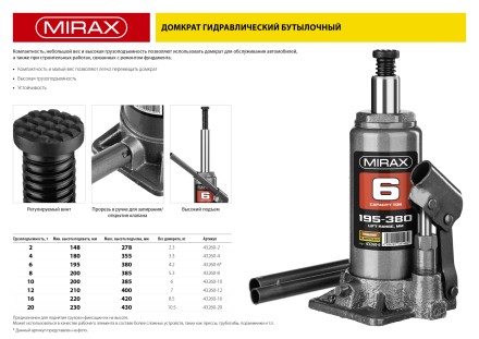 Домкрат гидравлический бутылочный, 20т, 230-430 мм, MIRAX 43260-20 43260-20 купить в Уфе