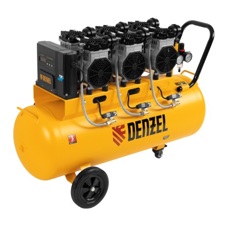 Компрессор безмасляный, малошумный Denzel DLS 3300/100, 3300 Вт,3x1100, 100 л, 570 л/мин ,блок управления купить в Уфе