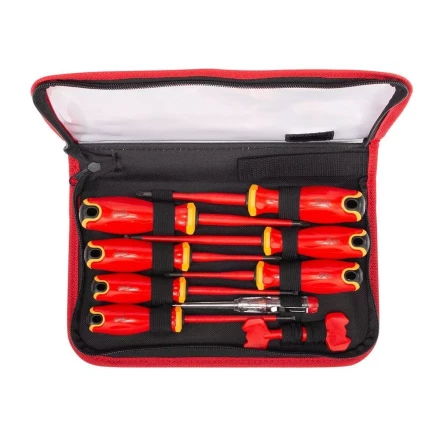 Набор диэлектрических отверток КВТ VDE НИО-2210к сталь S2, профиль SL, PH, PZ/FL и ключи для электрошкафов, 10 предметов (103017) купить в Уфе