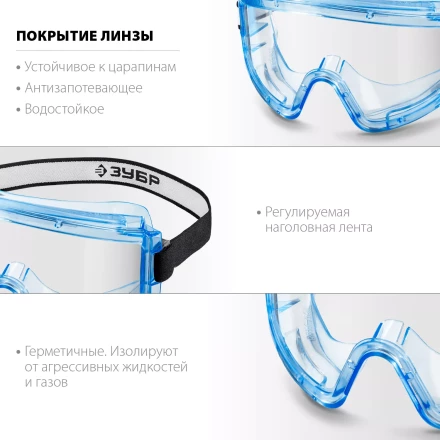 ЗУБР ПАНОРАМА Г, закрытого типа, стекло из ударопрочного поликарбоната, защитные очки с герметичной вентиляцией, Профессионал (110232) купить в Уфе