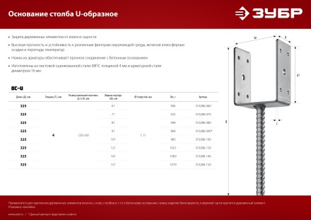 ЗУБР ОС-U, 81 x 120 x 60 мм, U-образное основание столба (310286-080) купить в Уфе