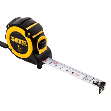 Рулетка Denzel 3м х 16мм, автоматич. фиксац., нейлон. покрытие, магнит. зацеп, двухстор. разметка, 31520 купить в Уфе