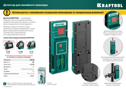 Детектор для линейного нивелира, KRAFTOOL 34607 купить в Уфе