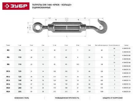 Талреп ЗУБР &quot;ПРОФЕССИОНАЛ&quot;  DIN 1480, крюк-кольцо, оцинкованный, кованая натяжная муфта, М16, ТФ16, 2 шт 4-304355-16 купить в Уфе