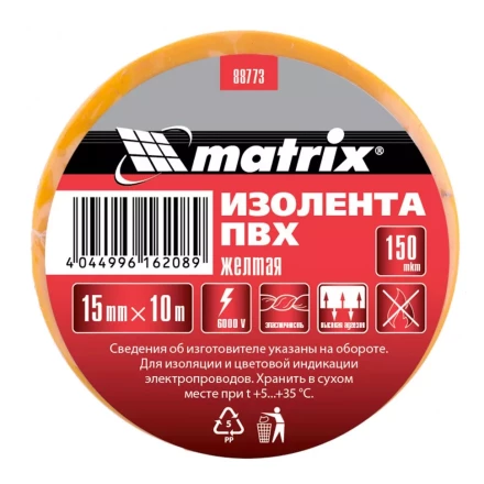 Изолента ПВХ 15 мм х 10 м желтая 150 мкм Matrix 88773 купить в Уфе