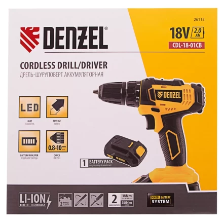 Дрель-шуруповерт аккумуляторная Denzel 26115, CDL-18-01CB, Li-Ion, 18 В, 1 аккумулятор купить в Уфе