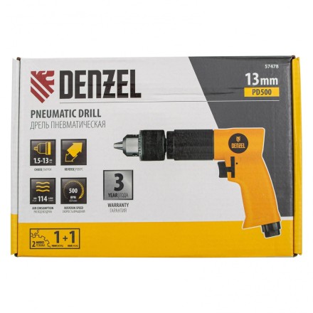 Пневматическая дрель Denzel 57478 PD500, 500 об/мин, 114 л/мин, 13 мм купить в Уфе