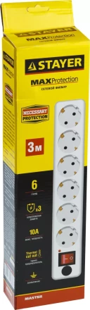Сетевой фильтр STAYER &quot;MASTER&quot; электрический, 6 гнезд, заземление, макс. мощн. 2200 Вт, 3м 55067-3 купить в Уфе