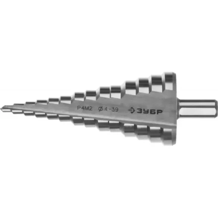 Сверло ЗУБР &quot;МАСТЕР&quot; ступенчатое по сталям и цвет.мет., быстрорежущая сталь, d=4-39мм,14ступ.d=4-39, L -113 мм, трехгран.хв. 10мм 29665-4-39-14 купить в Уфе