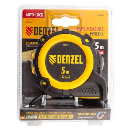 Рулетка Denzel 5м х 32мм, автоматич. фиксац., нейлон. покрытие, магнит. зацеп, двухстор. разметка 31523 купить в Уфе
