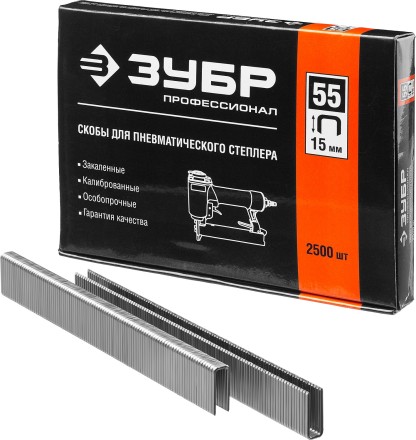 Скобы тип 55, 15 мм, особотвердые, ЗУБР &quot;ПРОФЕССИОНАЛ&quot; 31855-15, 2500 шт 31855-15 купить в Уфе