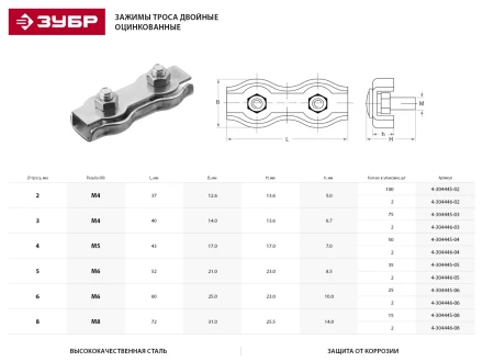 Зажим троса ЗУБР "МАСТЕР" двойной, оцинкованный, 4мм, 50 шт 4-304445-04 купить в Уфе