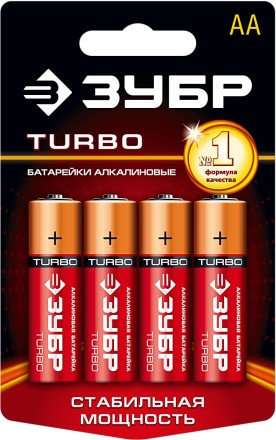 Батарейка Зубр &quot;TURBO&quot; щелочная (алкалиновая), тип AA, 1,5В, 4шт на карточке 59213-4C купить в Уфе