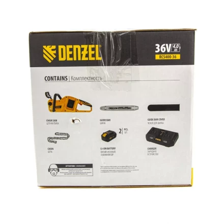 Цепная пила аккумуляторная бесщеточная RCS400-36, Li-ion, 36 В, 4 Ач, шина 400 мм Denzel 58610 купить в Уфе