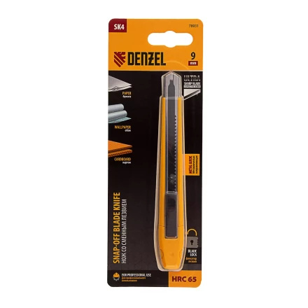 Нож, 9 мм, сменное лезвие, SK4, метал. направляющая, клипса, нажимной фиксатор// Denzel 78931 купить в Уфе