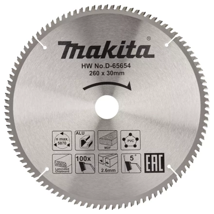Диск пильный универсальный для алюминия/дерева/пластика Makita D-65654, 260x30x1.8 мм; 100 зубьев купить в Уфе