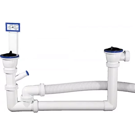 Сифон ЗУБР &quot;МАСТЕР&quot; колбовый для двухместной мойки, выпуск - нержавеющая чашка, перелив, отвод для стиральной машины 51867-2 купить в Уфе