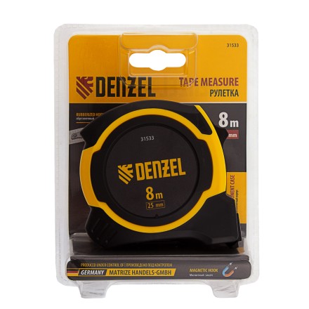 Рулетка Denzel 8м х 25мм, двухкомп. корпус, магнитный обрезиненный зацеп, 31533 купить в Уфе