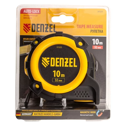 Рулетка Denzel 10м х 32мм, автоматич. фиксац., нейлон. покрытие, магнит. зацеп, двухстор. разметка, 31525 купить в Уфе