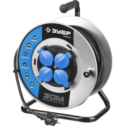Удлинитель ЗУБР "ПРОФИ" на металл катушке, КГ 3х1,5кв мм, морозостойкий, 4 гнезда, IP44, макс мощность 3500Вт, 30м 55085-30 купить в Уфе
